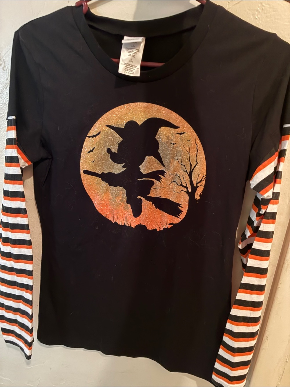 Disney Black Long Sleeve Tee with Orange Glitter Witch Moon